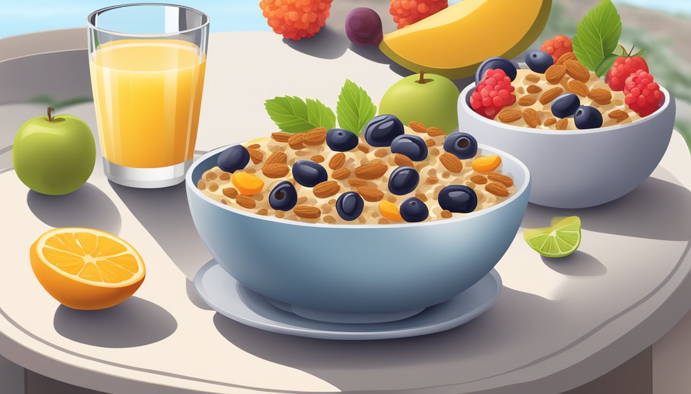 A bowl of raisin bran cereal with milk, surrounded by fresh fruits and a glass of water on a breakfast table