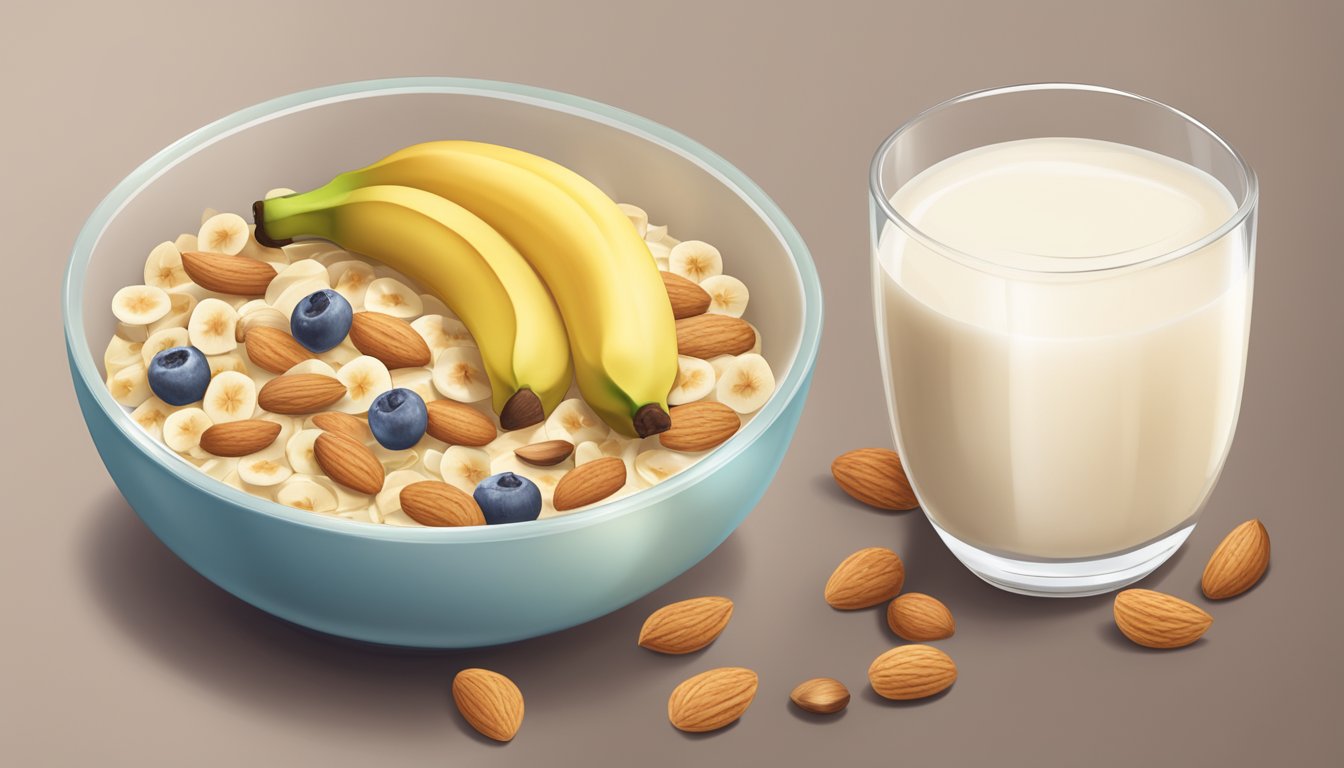 A bowl of Smorz cereal surrounded by a glass of milk, a banana, and a handful of almonds