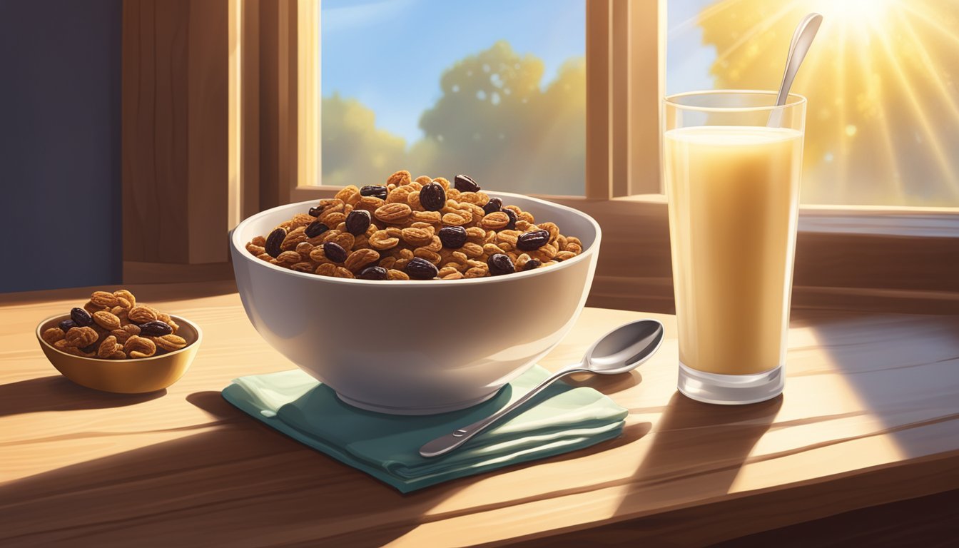 A bowl of Raisin Bran cereal sits on a wooden table next to a glass of milk and a spoon. Sunlight streams in through a window, casting a warm glow on the scene