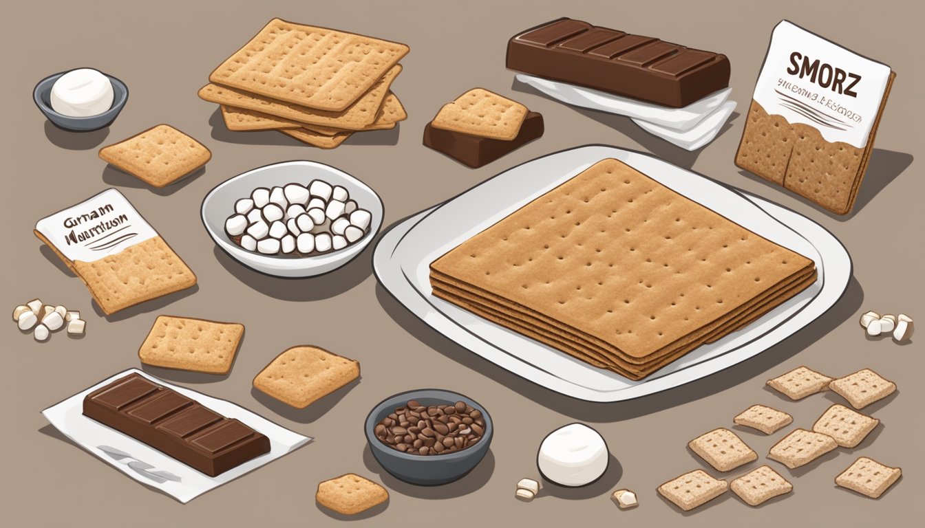 A table with scattered ingredients: graham crackers, chocolate, and marshmallows, along with a nutrition label for "smorz" product