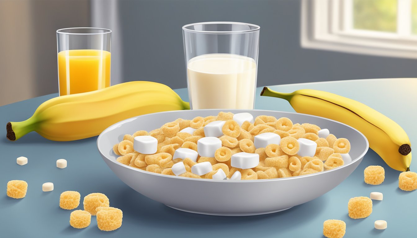 A bowl of cereal with marshmallows and milk, surrounded by a glass of orange juice and a banana on a table