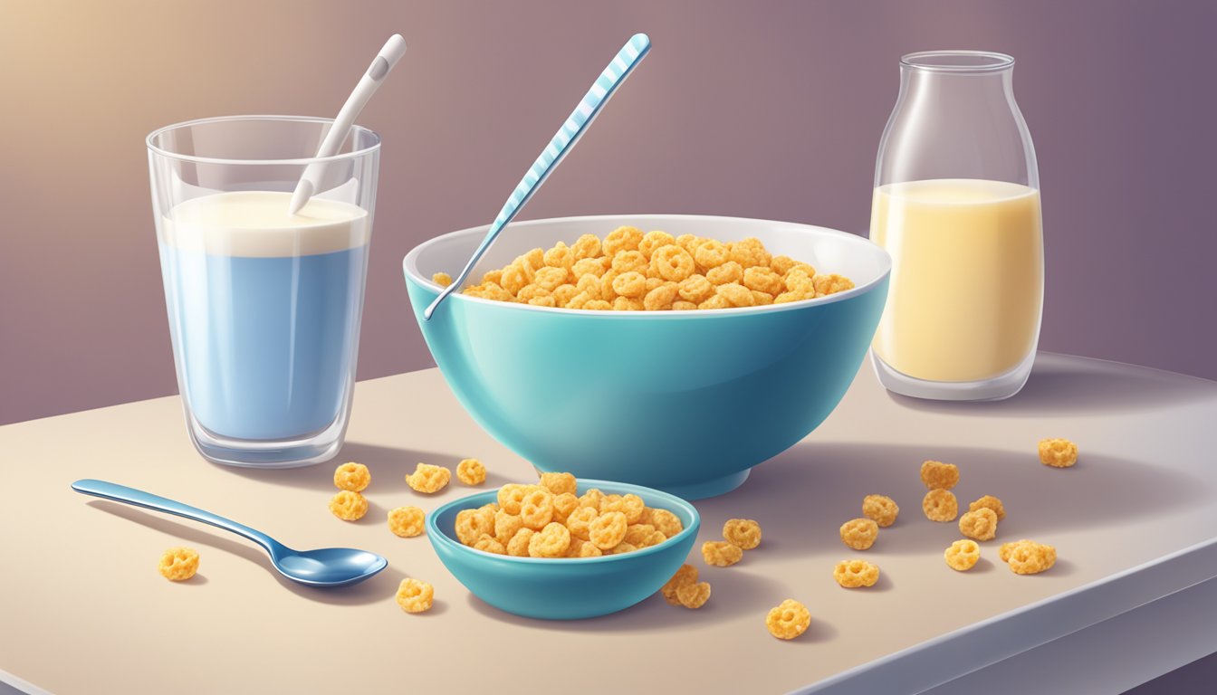 A bowl of smorz cereal and a glass of milk on a kitchen table with a spoon nearby