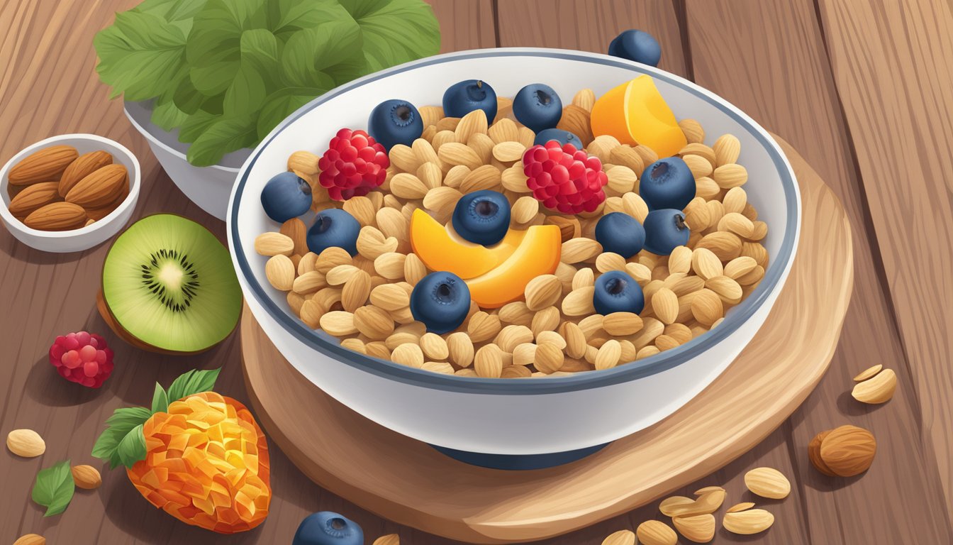 A bowl of Kashi Go cereal surrounded by fresh fruits and nuts on a wooden table