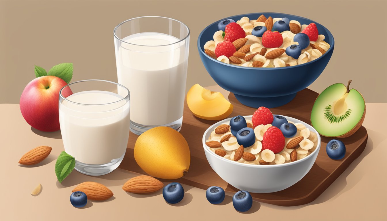 A bowl of Kashi Go Lean cereal surrounded by fresh fruits and a glass of almond milk on a wooden table