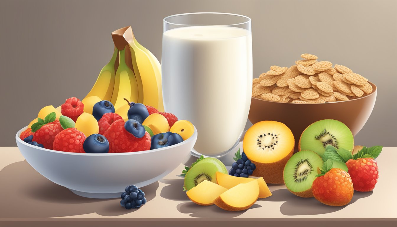 A bowl of Weetabix cereal surrounded by various fruits and a glass of milk