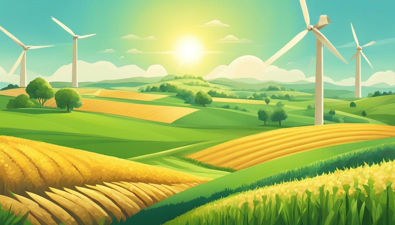 A lush green field with a farmer harvesting organic grains under a bright sun. Wind turbines in the distance symbolize sustainable energy