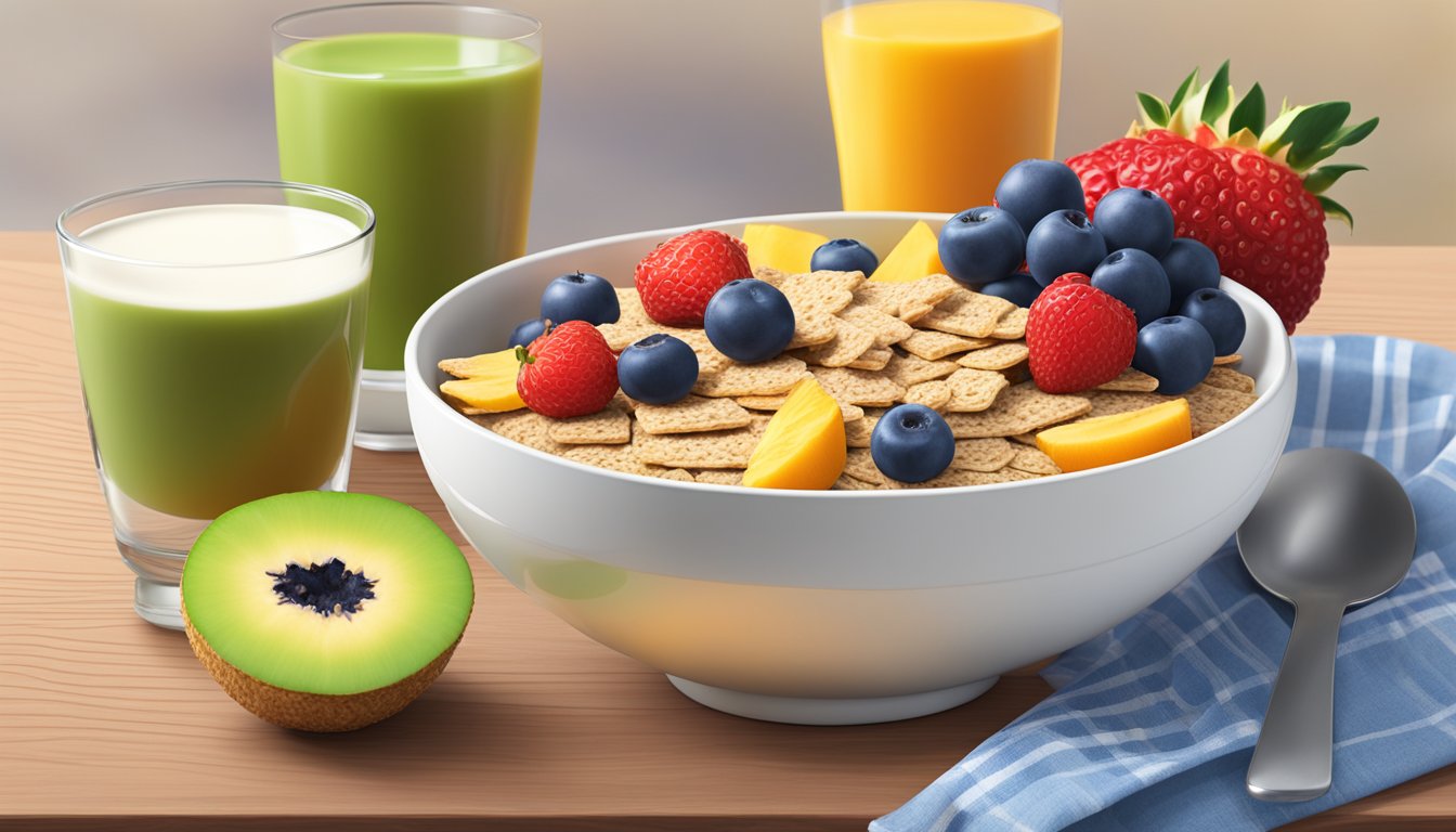 A bowl of Weetabix cereal surrounded by a variety of fresh fruits and a glass of milk, all arranged on a wooden breakfast table