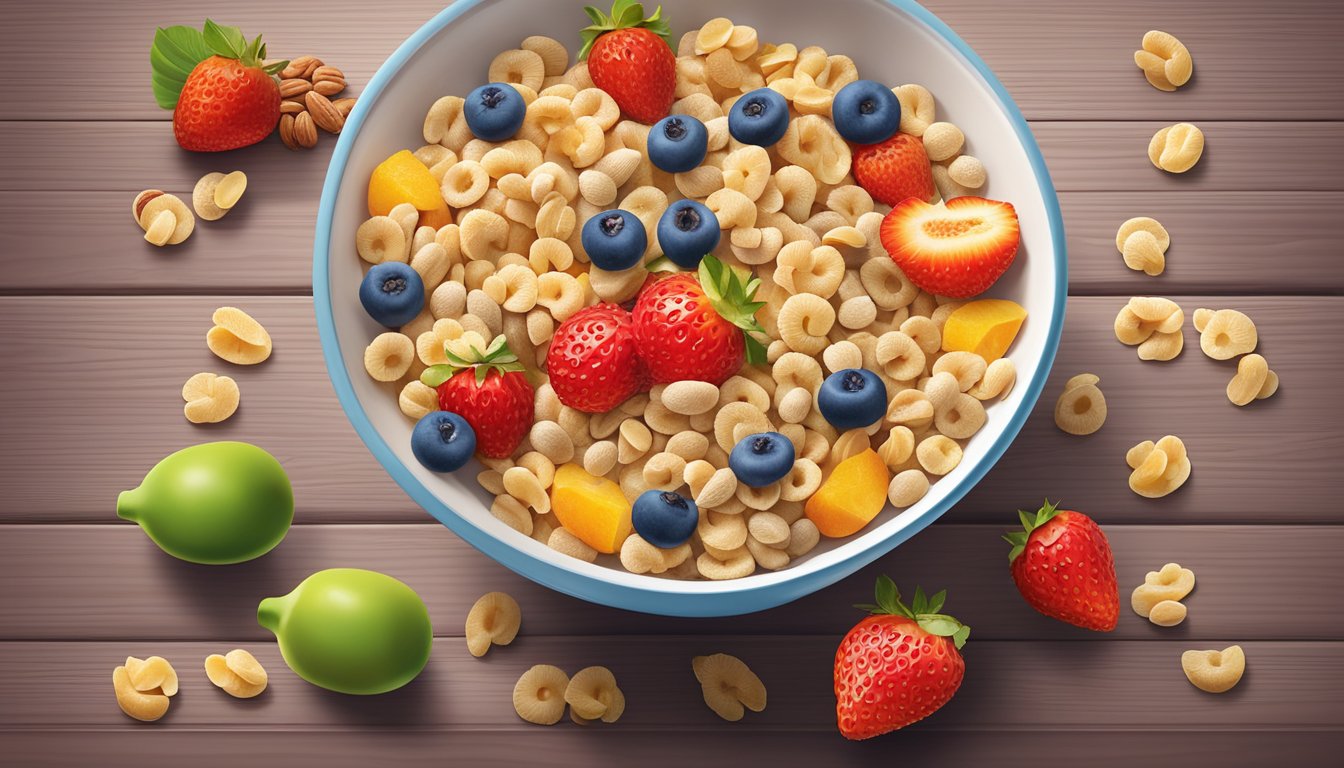 A bowl of Kashi Go Lean cereal surrounded by fresh fruits and nuts on a wooden table