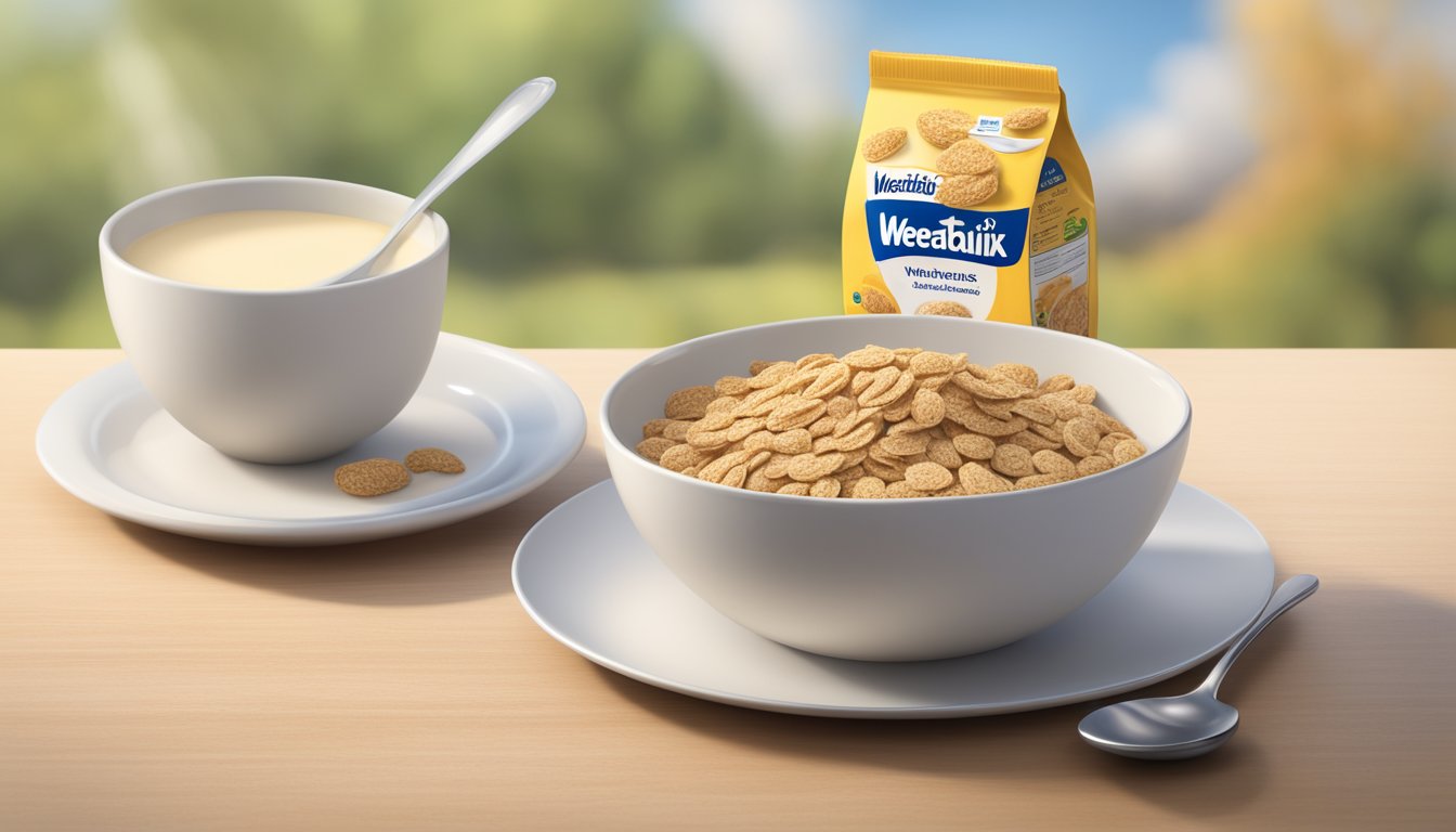 A bowl of Weetabix cereal surrounded by milk, a spoon, and a nutritional information label