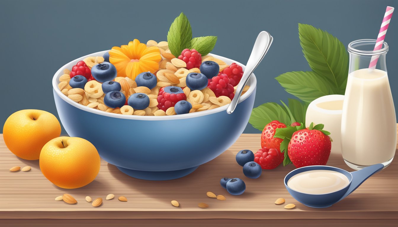 A bowl of Kashi Go Lean cereal with a spoon, surrounded by a variety of fresh fruits and a glass of almond milk on a wooden table