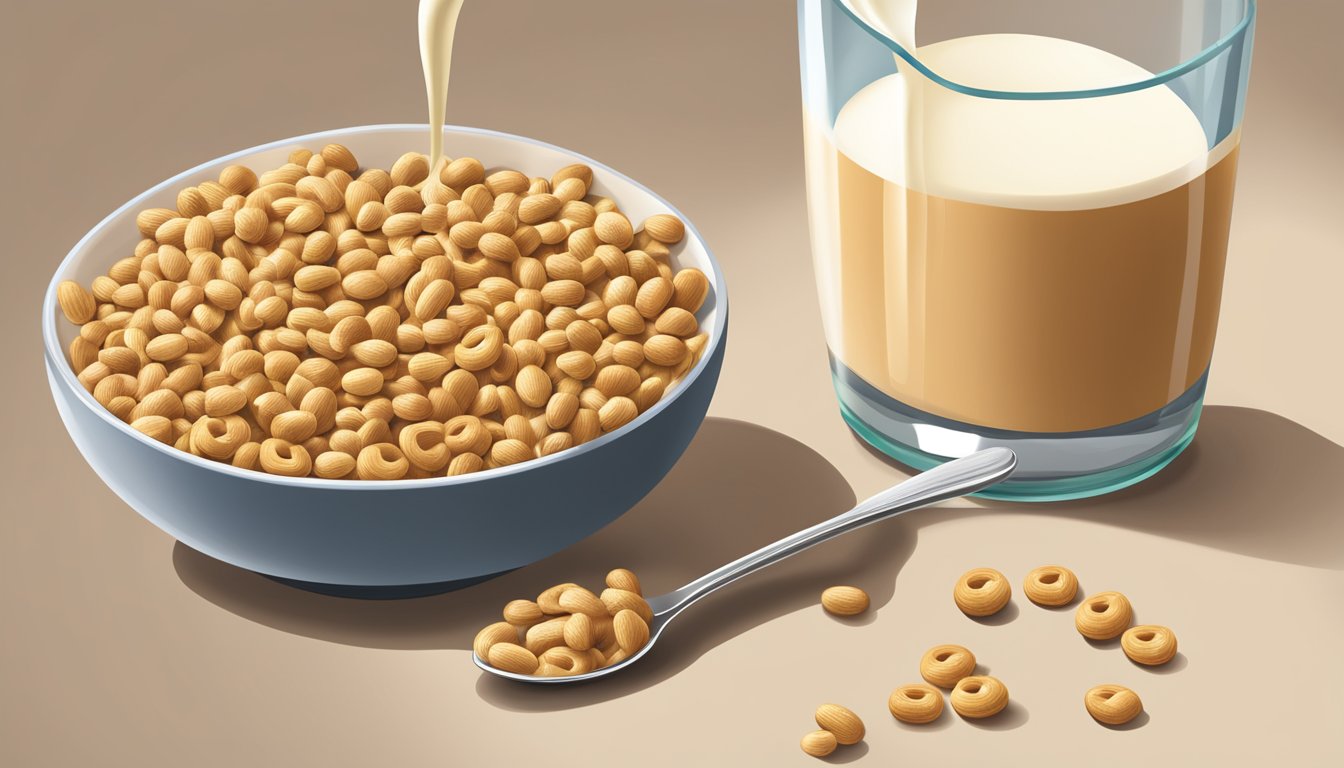 A bowl of Peanut Butter Cheerios surrounded by a spoon, a glass of milk, and a handful of peanuts