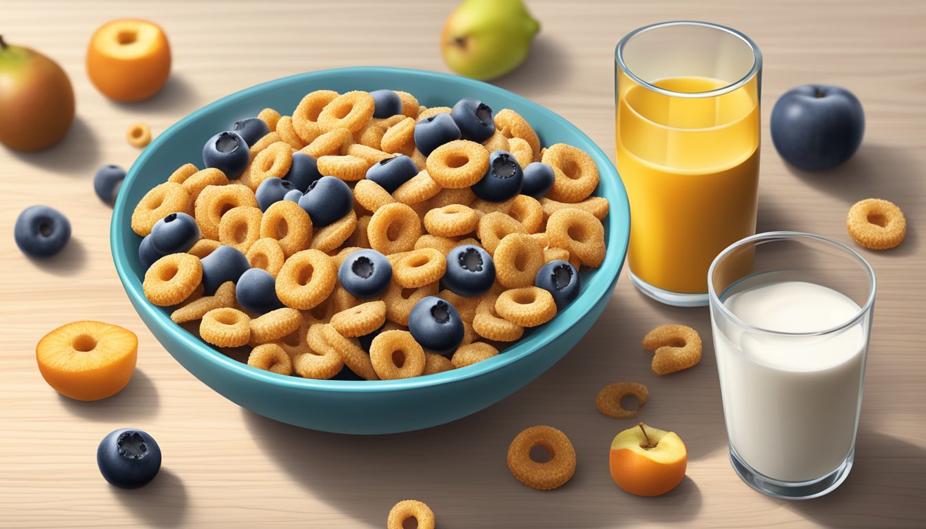 A bowl of multigrain Cheerios surrounded by various fruits and a glass of milk on a wooden table