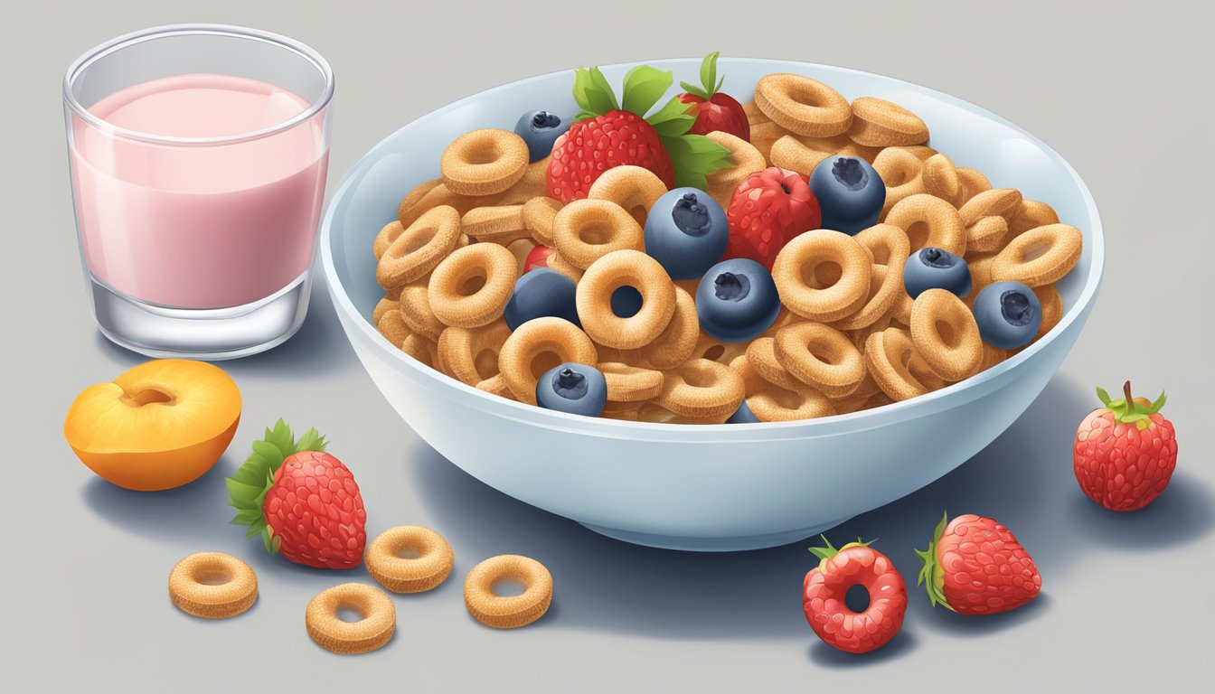 A bowl of multigrain Cheerios surrounded by various fruits and nuts, with a glass of milk on the side