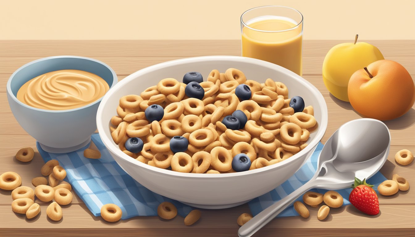 A bowl of peanut butter Cheerios surrounded by fresh fruits and a glass of milk, highlighting the nutritious and health impact of the breakfast choice