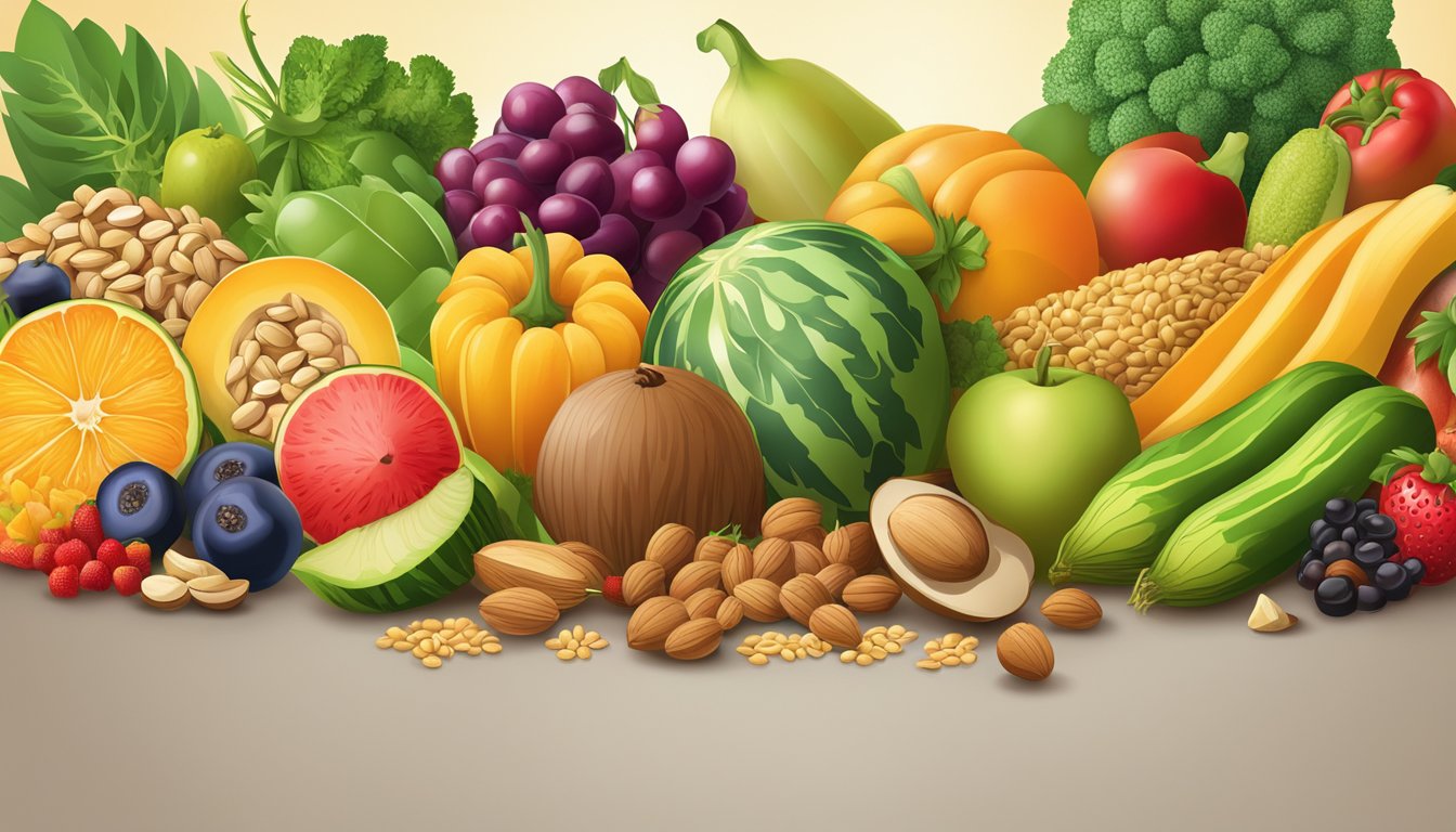 A vibrant assortment of fruits and vegetables arranged in a colorful and appealing display, surrounded by nuts, seeds, and whole grains