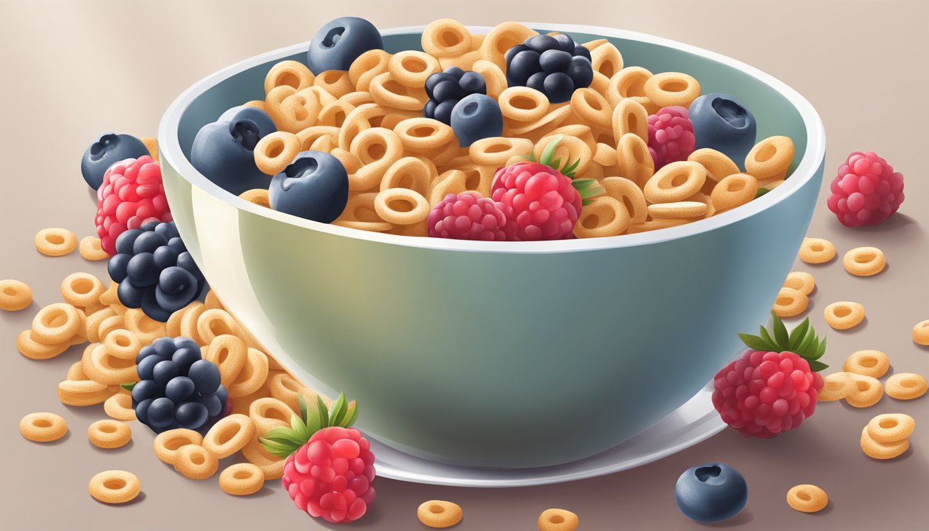 A bowl of multigrain Cheerios surrounded by fresh berries and a glass of milk