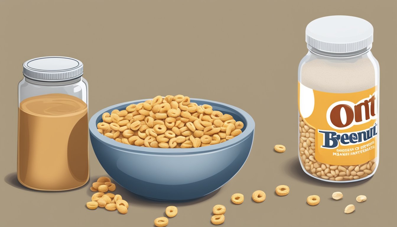 A bowl of Cheerios sits next to a jar of peanut butter, with scattered oats and nuts, representing the ingredients of the cereal