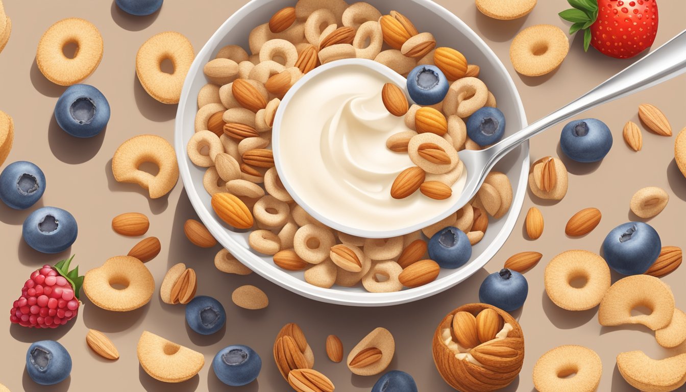 A bowl of multigrain Cheerios surrounded by various fruits and nuts, with a glass of almond milk on the side