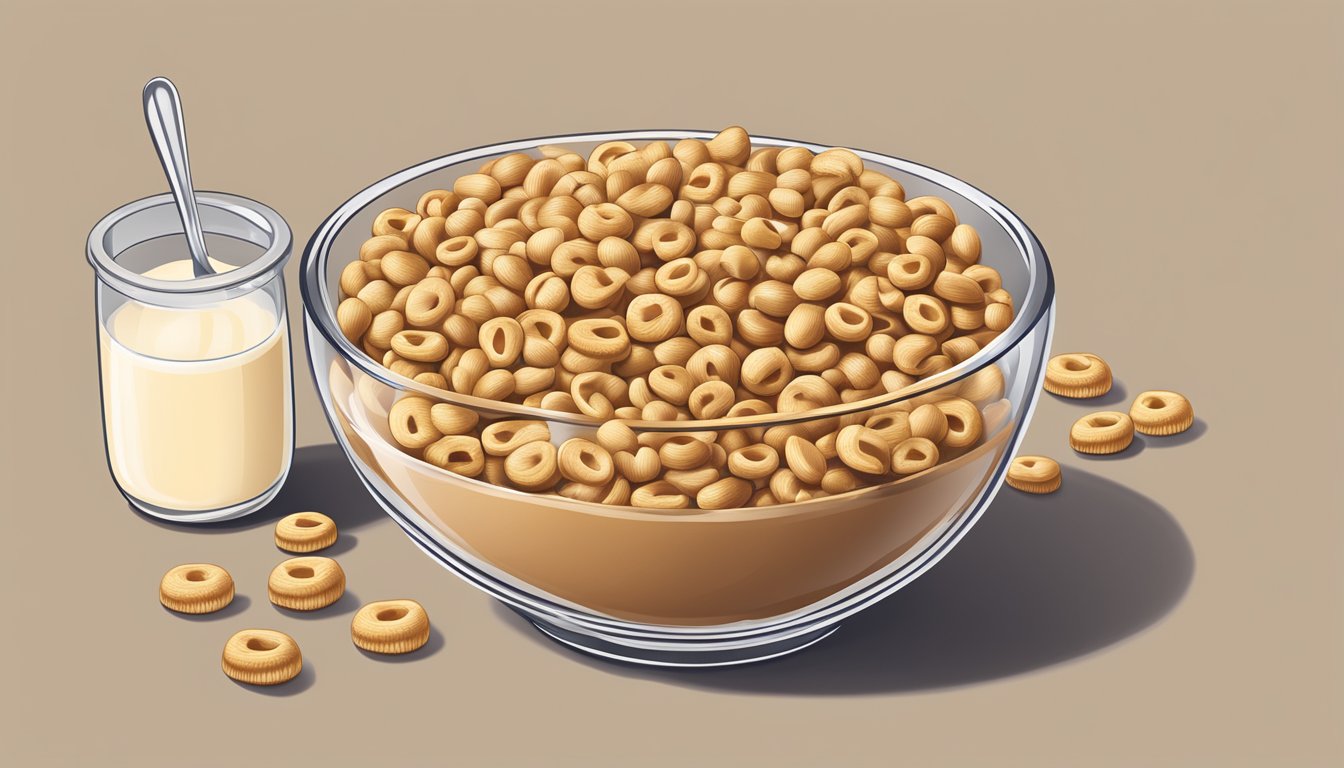 A bowl of Peanut Butter Cheerios surrounded by a spoon, a glass of milk, and a handful of peanuts