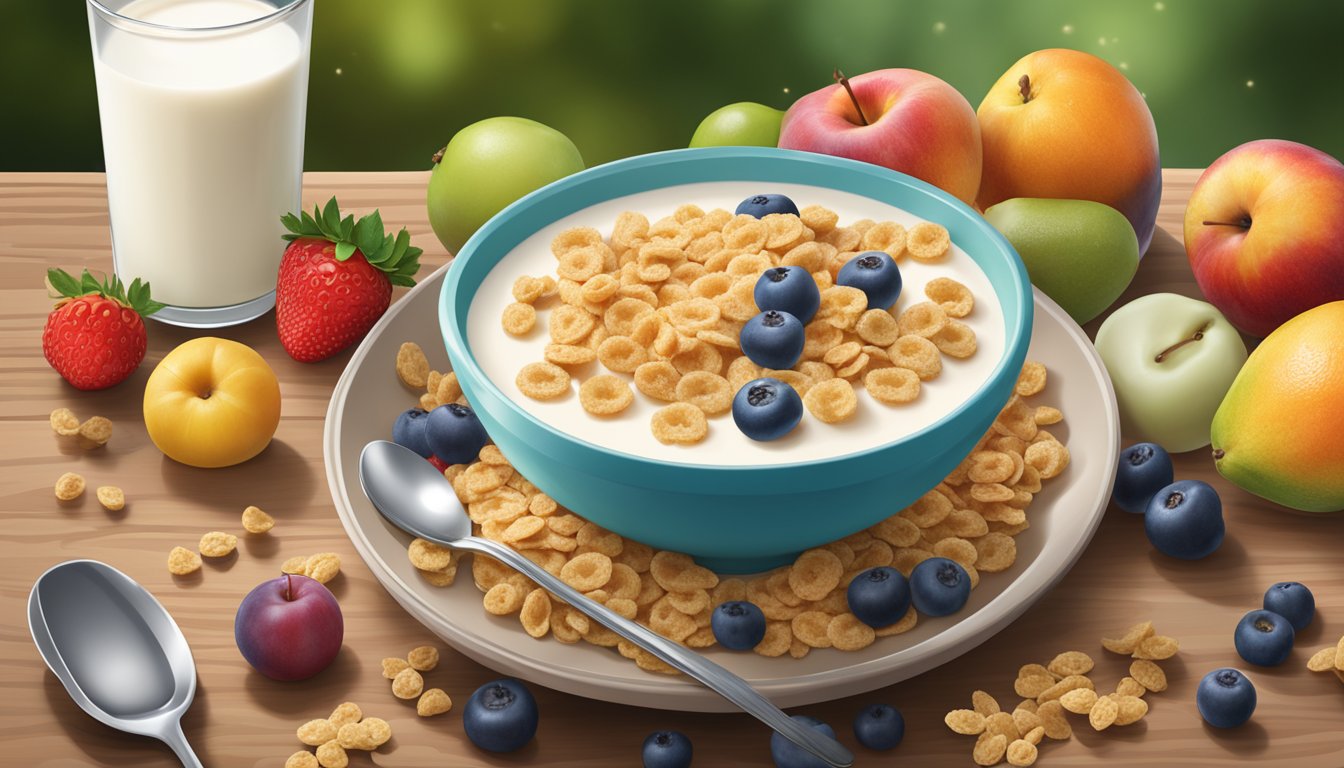 A bowl of Quaker Life cereal surrounded by various fruits and a glass of milk on a wooden table