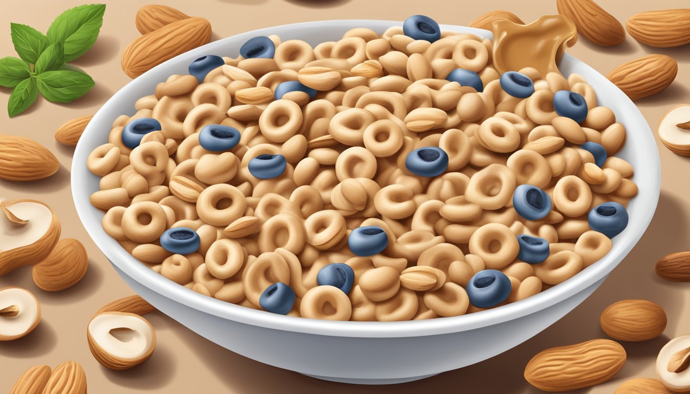 A bowl of peanut butter cheerios with a glass of almond milk, surrounded by a variety of nuts and seeds