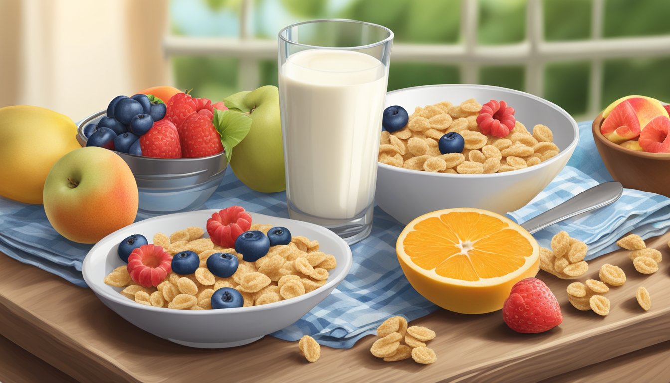 A bowl of Quaker Life cereal surrounded by fresh fruits and a glass of milk on a wooden breakfast table