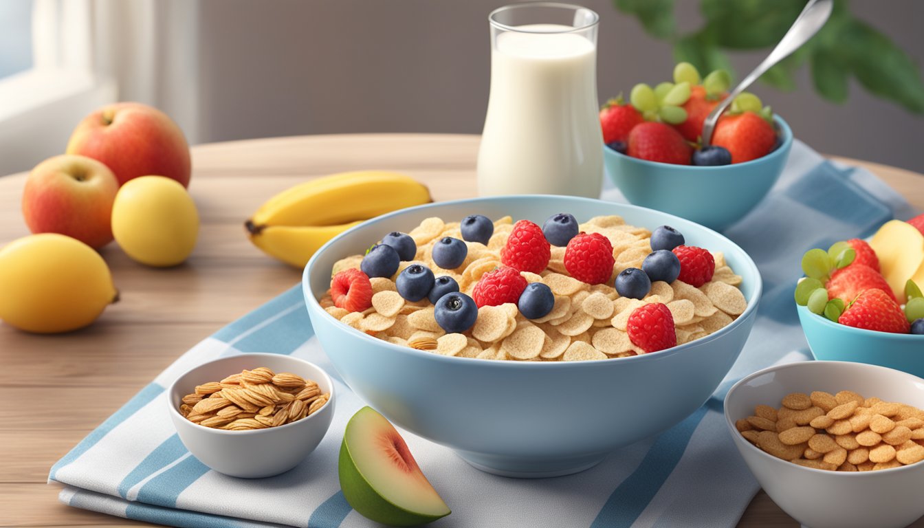 A bowl of Quaker Life cereal surrounded by fresh fruits and a glass of milk on a breakfast table