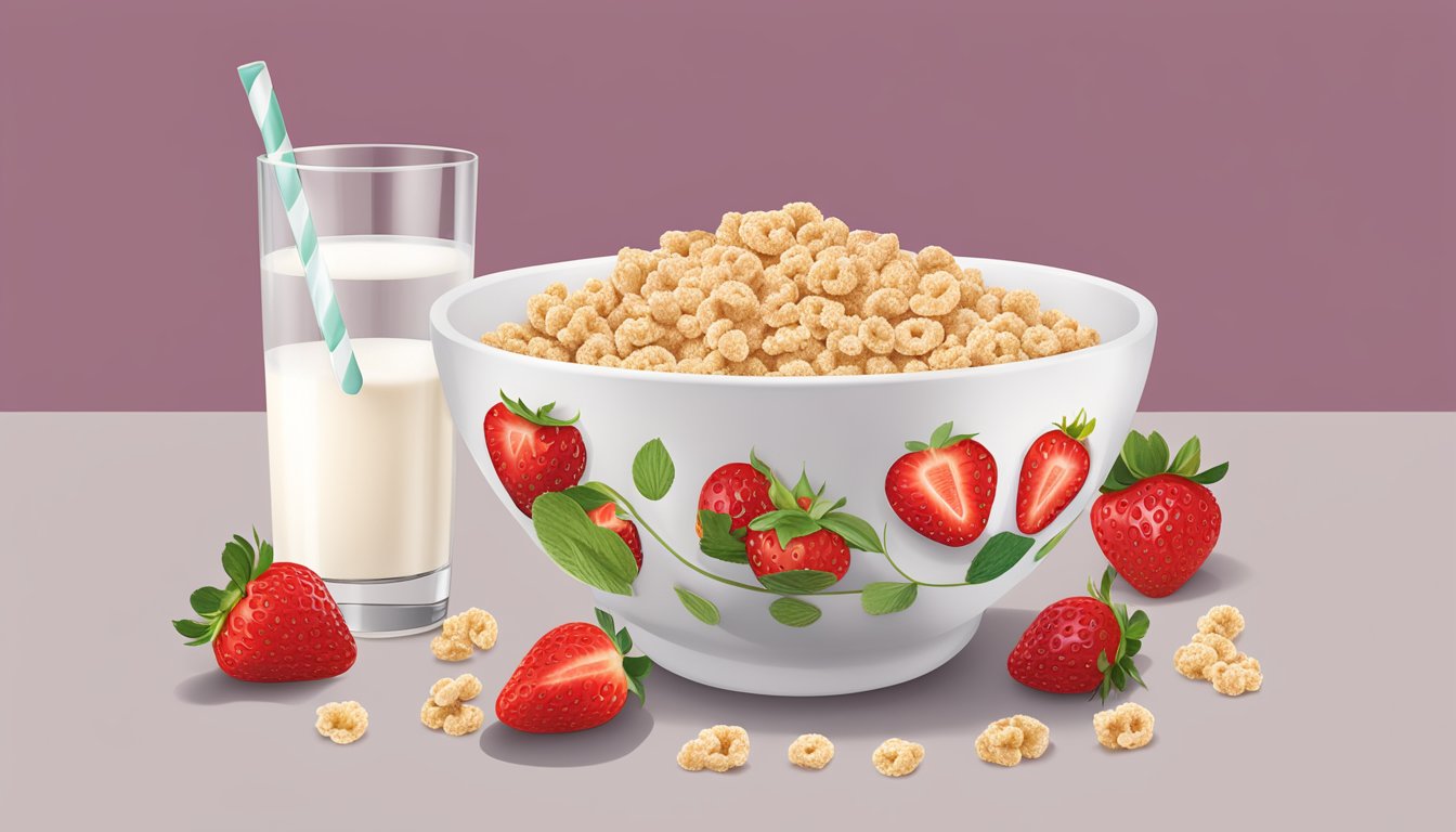 A bowl of Quaker Life cereal surrounded by fresh strawberries and a glass of milk