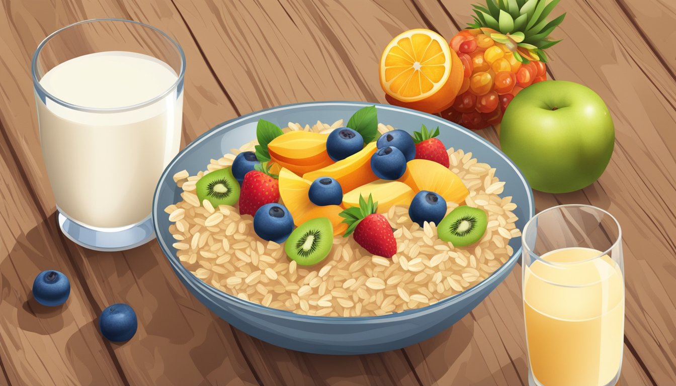 A bowl of Rice Chex cereal surrounded by a variety of fresh fruits and a glass of milk, all placed on a wooden table