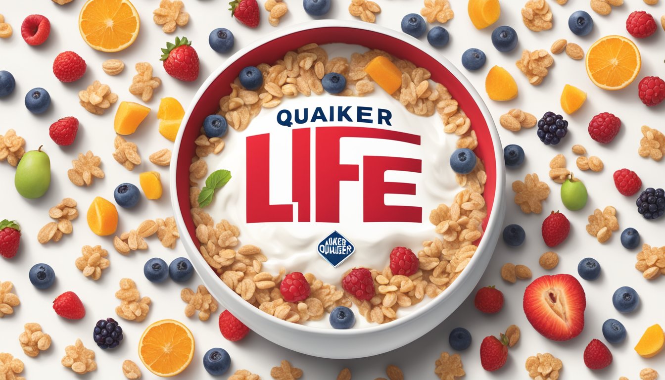 A bowl of Quaker Life cereal surrounded by various nutritious ingredients like fruits, nuts, and milk, with the iconic red and white Life logo prominently displayed