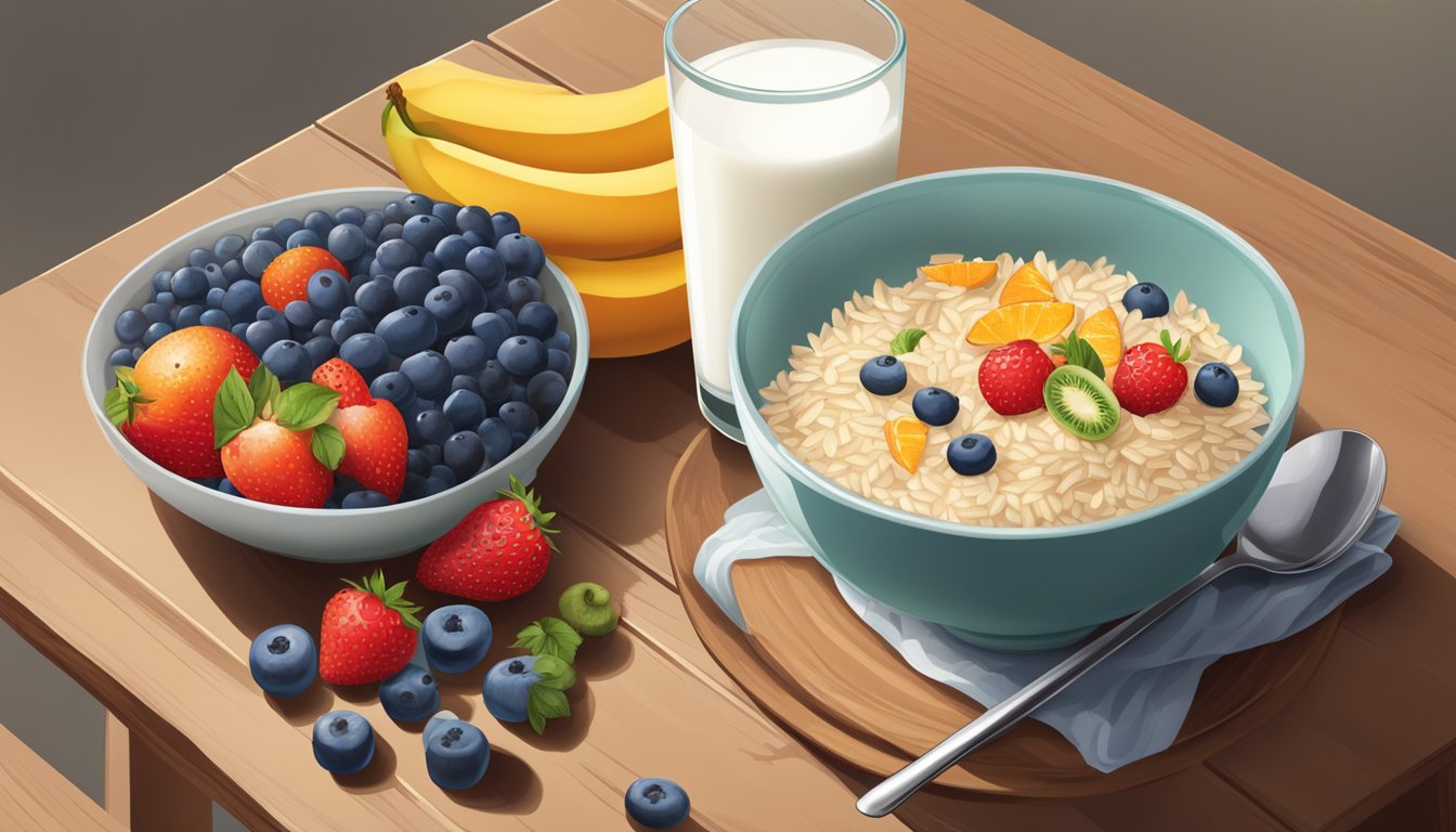 A bowl of Rice Chex cereal surrounded by a variety of fresh fruits and a glass of milk on a wooden breakfast table