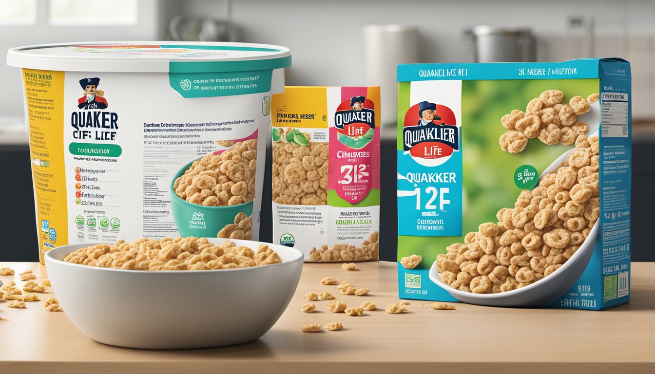 A bowl of Quaker Life cereal sits next to a bowl of a competing brand, with nutritional information displayed nearby for comparison