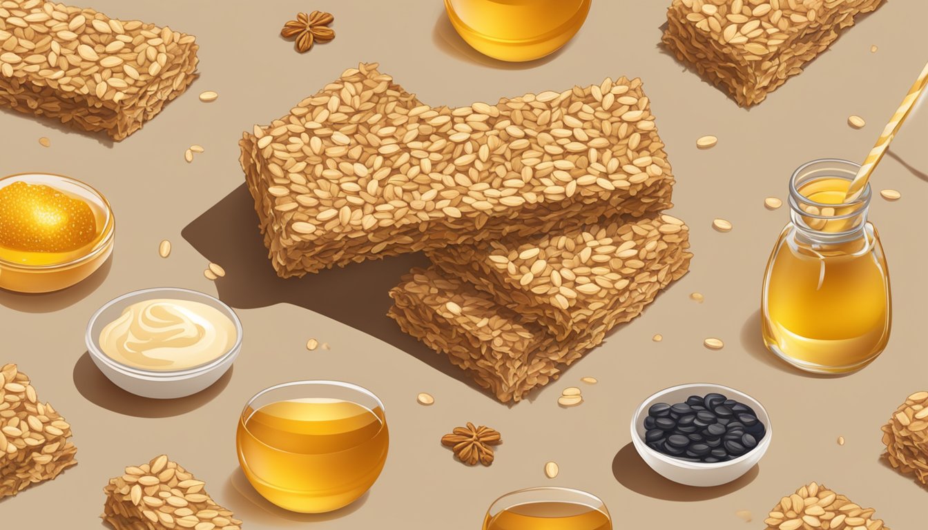 A close-up of a pile of oats and honey granola bars surrounded by scattered oats and honey