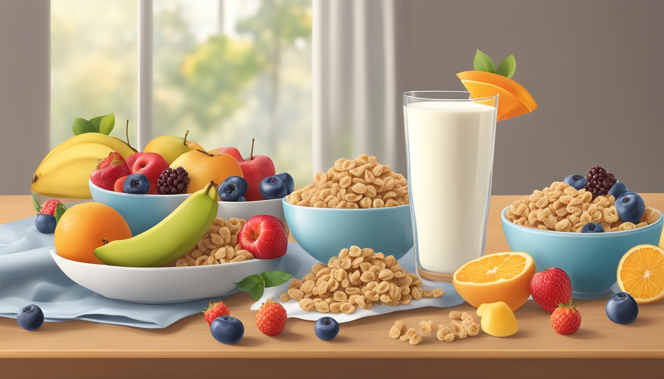 A bowl of Quaker Life cereal surrounded by various fruits and a glass of milk on a table