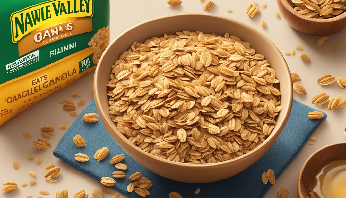 A bowl of Nature Valley Oats 'n Honey granola with a scattering of oats and a honey drizzle, surrounded by a few scattered oats