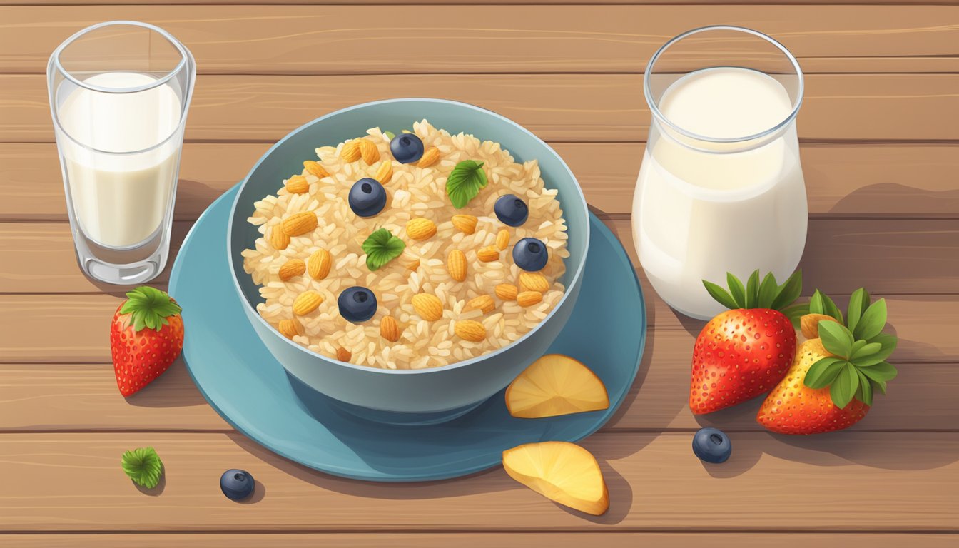 A bowl of Rice Chex cereal surrounded by fresh fruit and a glass of milk on a wooden breakfast table