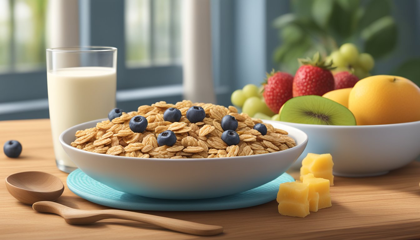 A bowl of Nature Valley oats n honey granola surrounded by fresh fruits and a glass of milk on a wooden table