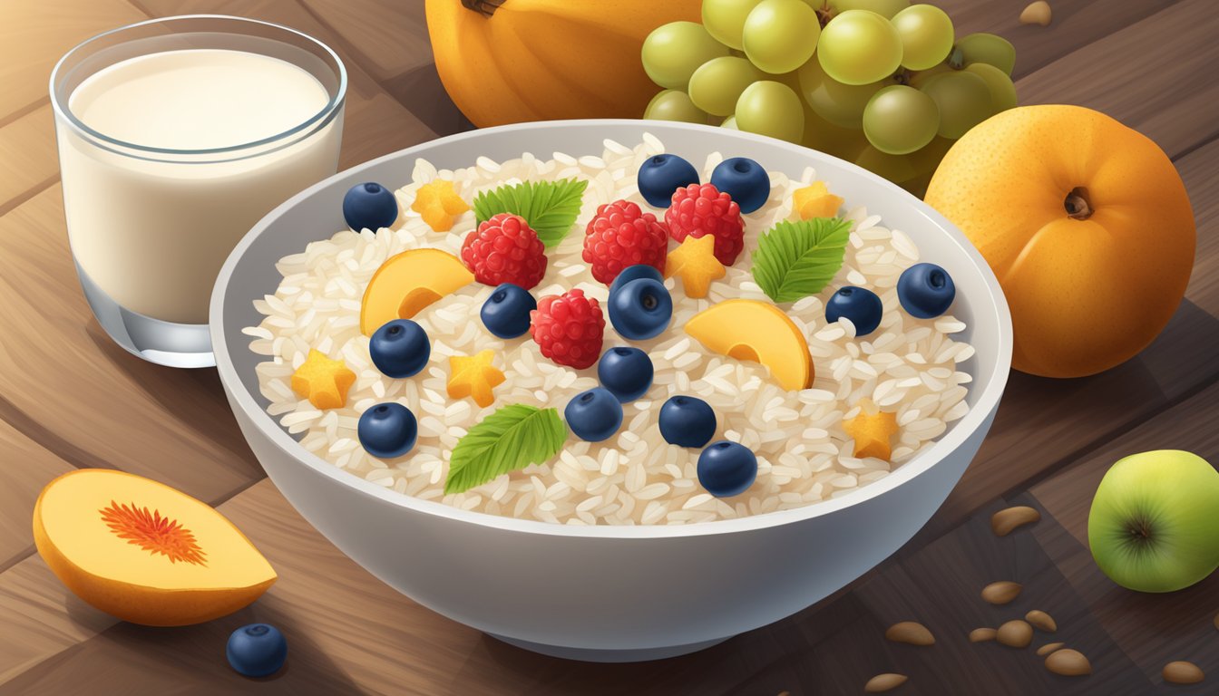 A bowl of Rice Chex cereal surrounded by a variety of fruits and a glass of milk on a wooden table