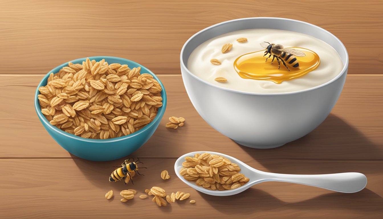 A bowl of Nature Valley Oats 'n Honey granola with milk and a spoon on a wooden table. A single honey bee hovers nearby