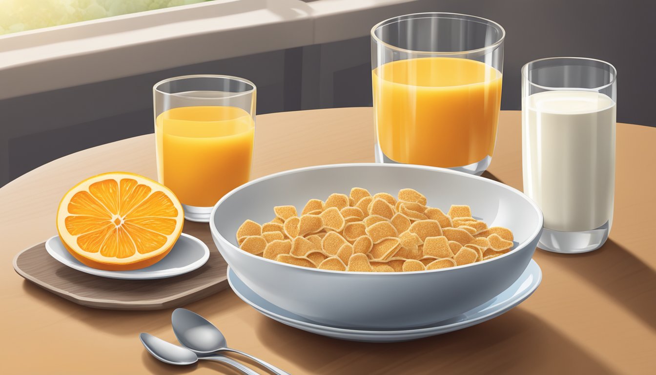 A bowl of Wheaties cereal with milk, a spoon, and a glass of orange juice on a breakfast table