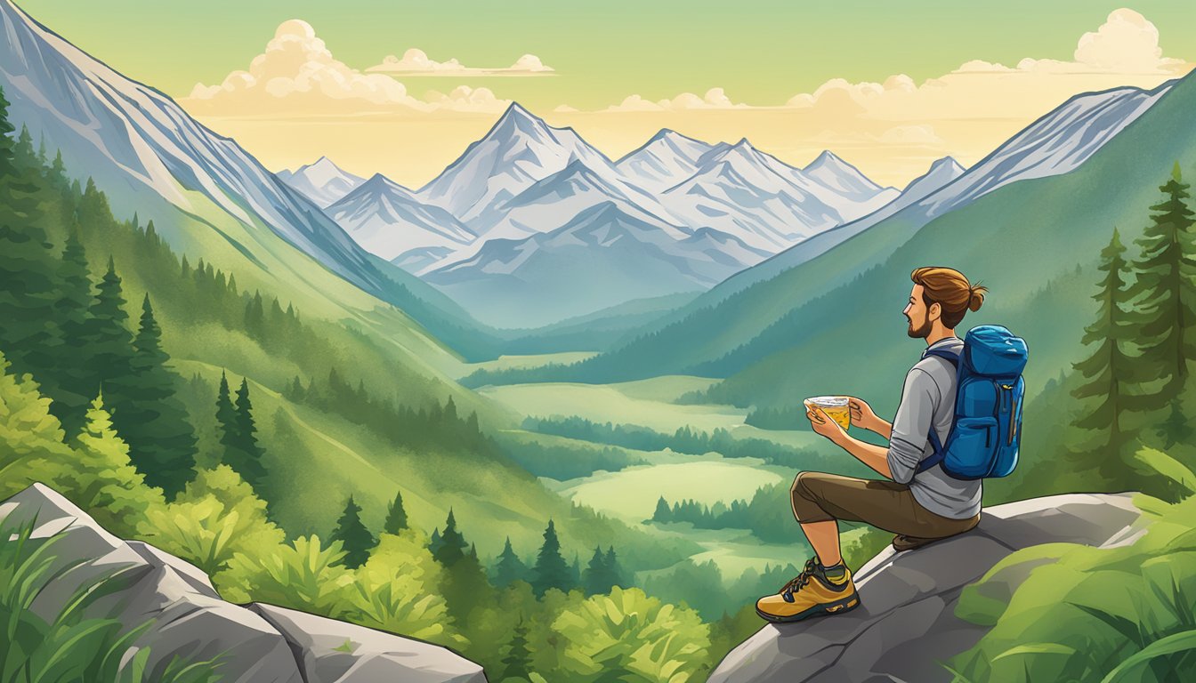 A hiker enjoys a scenic view while snacking on a Nature Valley Oats 'n Honey granola bar, surrounded by lush greenery and towering mountains