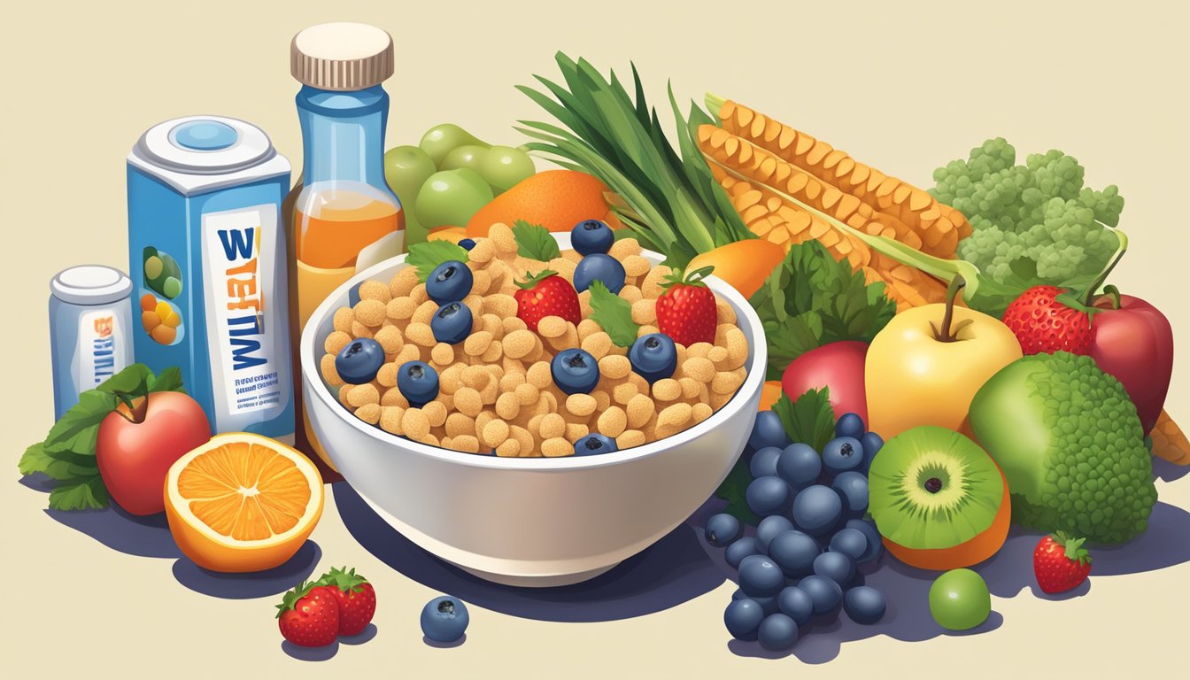 A bowl of Wheaties cereal surrounded by an assortment of fresh fruits and vegetables, with a bottle of vitamins and minerals supplement nearby