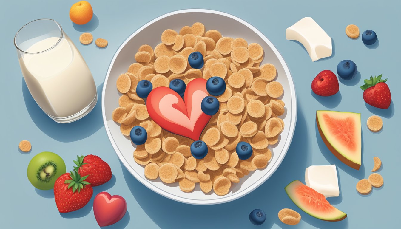 A bowl of Wheaties cereal surrounded by various fruits and a glass of milk, with a nutrition label and a heart symbolizing health implications