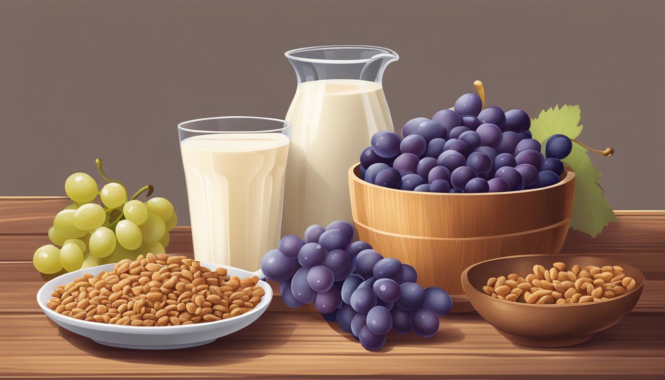 A bowl of Grape Nuts cereal surrounded by fresh fruits and a glass of milk on a wooden table