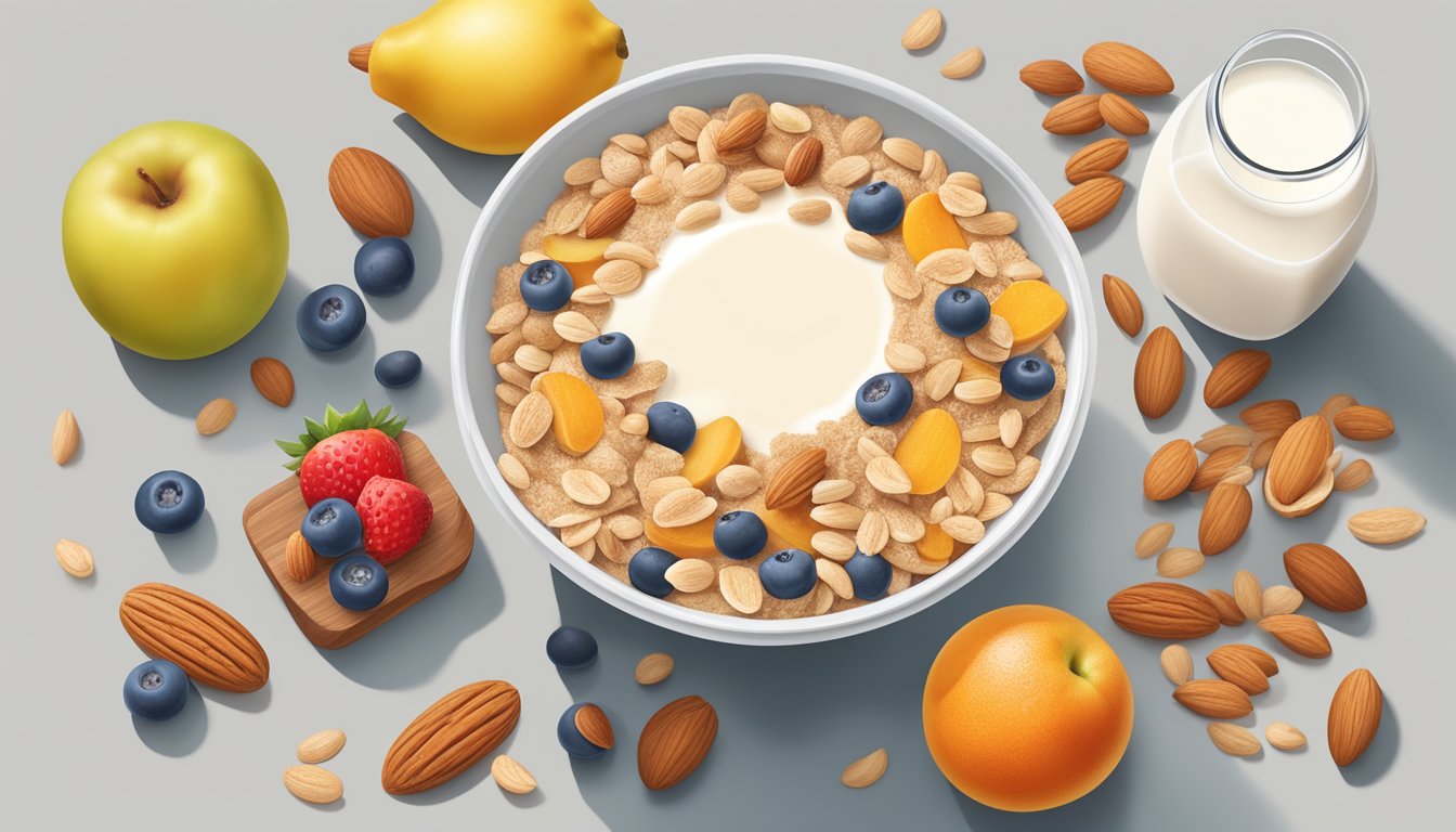 A bowl of wheaties cereal with a glass of dairy-free almond milk, surrounded by various fruits and nuts