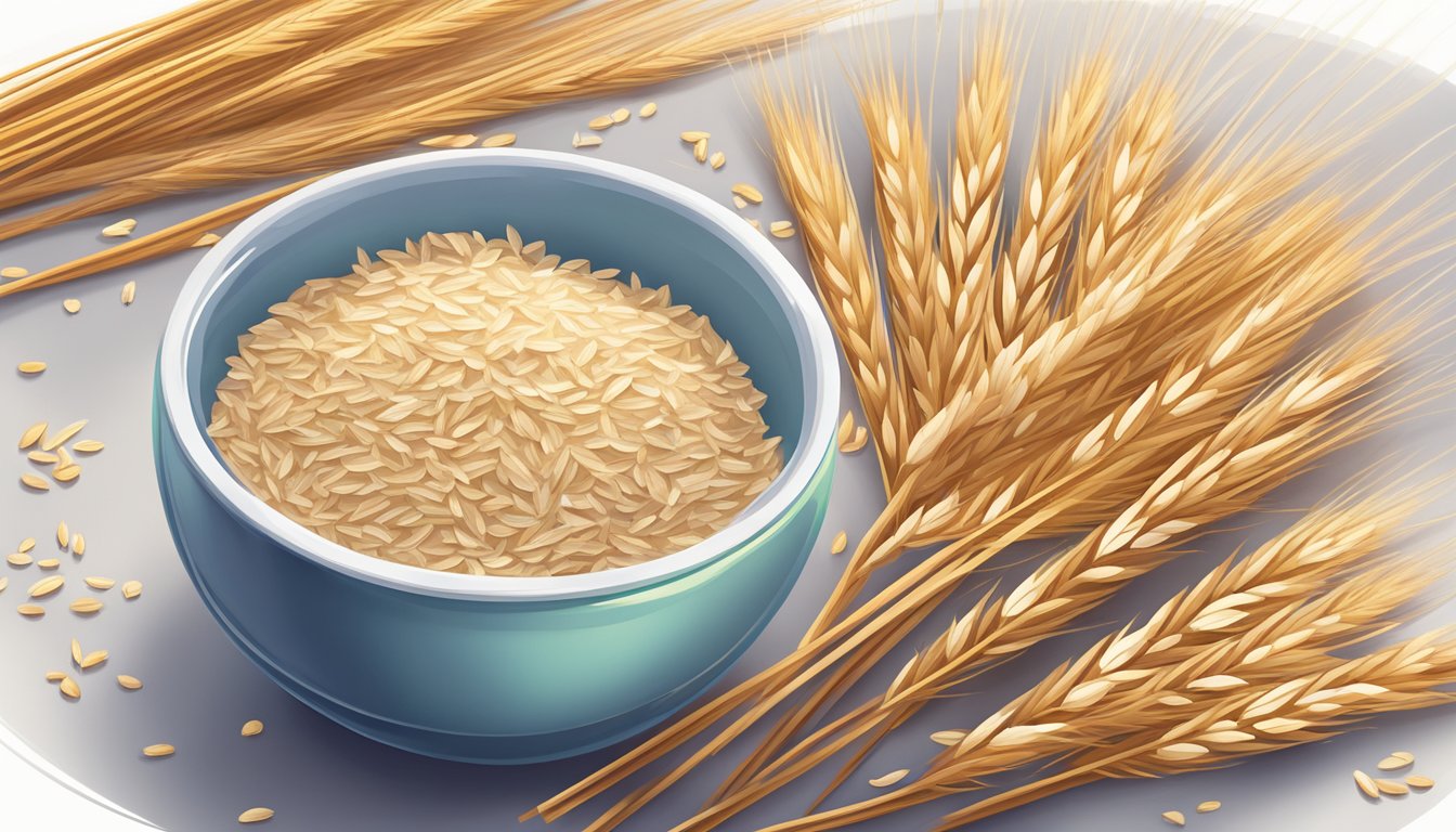 A bowl of shredded wheat surrounded by whole grain wheat stalks and a glass of milk