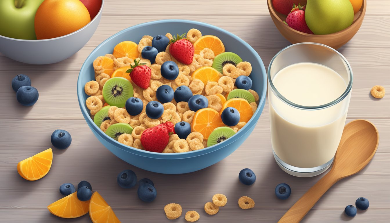 A bowl of Wheaties cereal surrounded by a variety of fresh fruits and a glass of milk on a wooden breakfast table