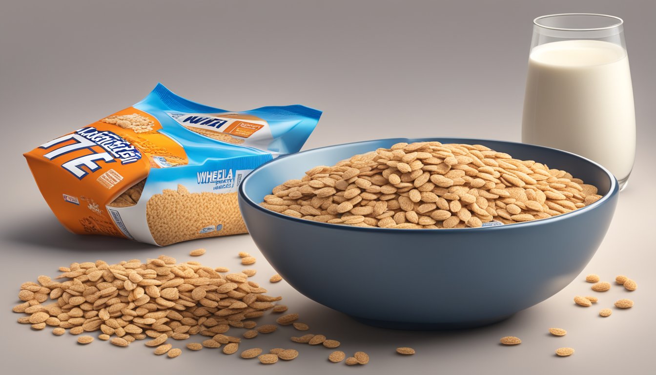 A bowl of Wheaties cereal sits next to a nutrition label, surrounded by a scattering of whole wheat grains and a glass of milk