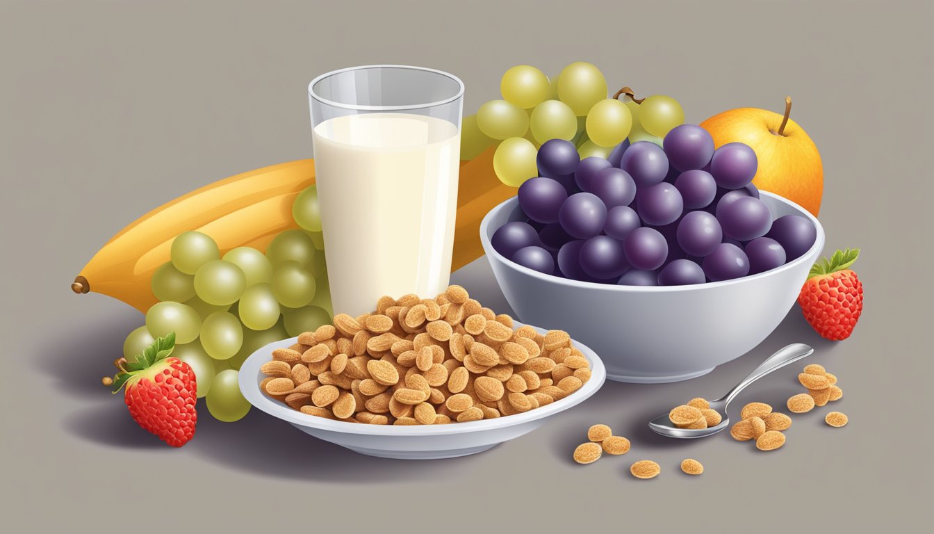 A bowl of grape nuts cereal surrounded by fresh fruits and a glass of milk