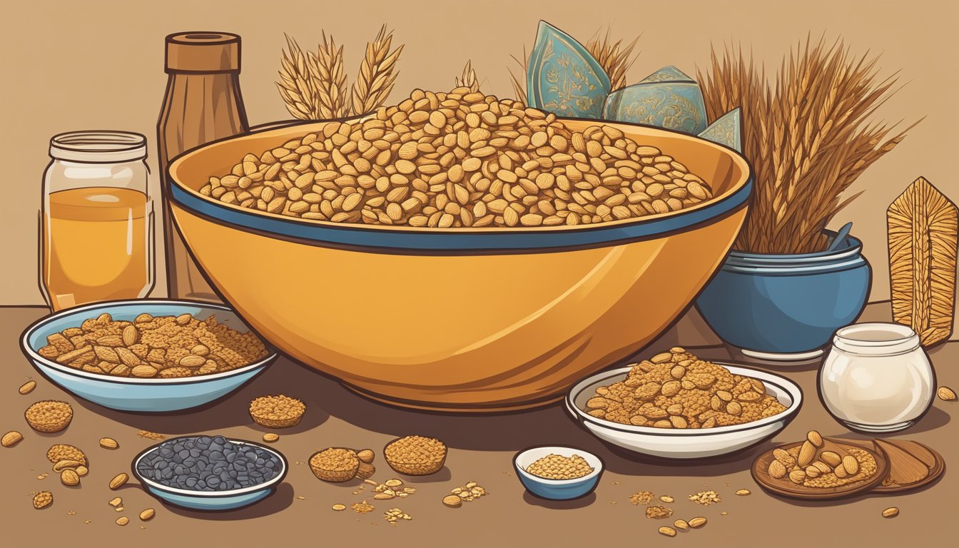 A bowl of Wheaties sits on a table, surrounded by images of historical and cultural significance, such as ancient grains and symbols of health and wellness